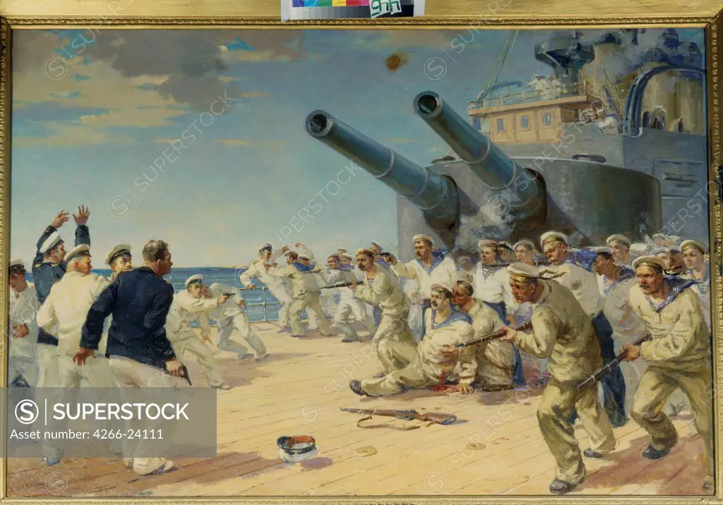 The Battleship Potemkin uprising on July 1905 by Fomin, Pyotr Timofeyevich (1919-1996) State Central Navy Museum, St. Petersburg 1952 Oil on canvas 142x200 Russia Soviet Art Genre,History Painting