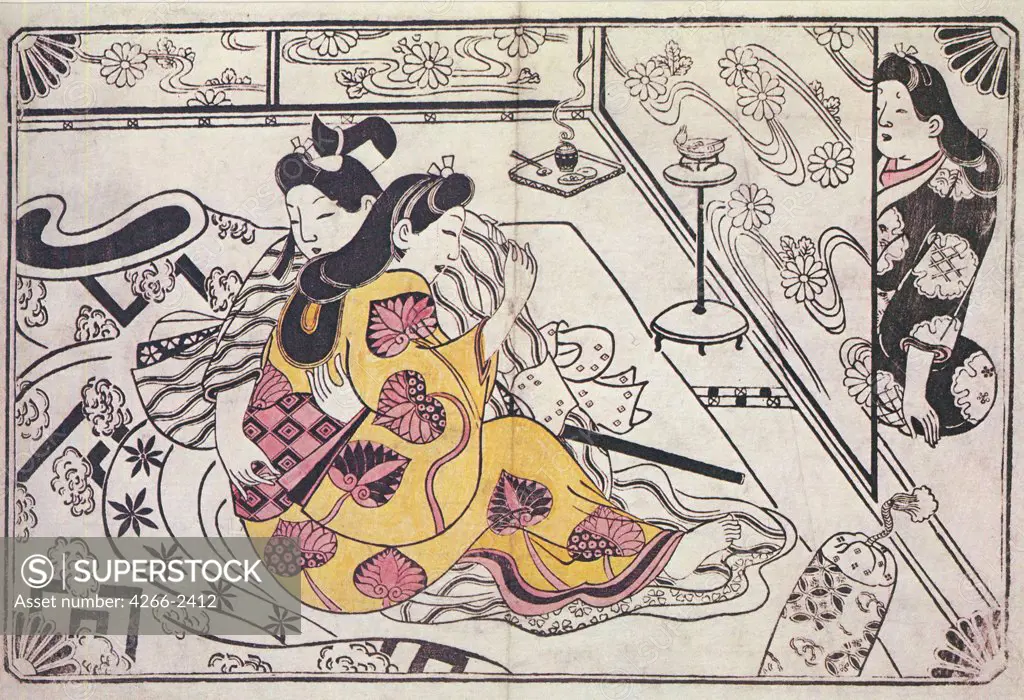 Embracing women by Sugimura Jihei, circa 1700, color woodcut, circa 1681-1703, private collection