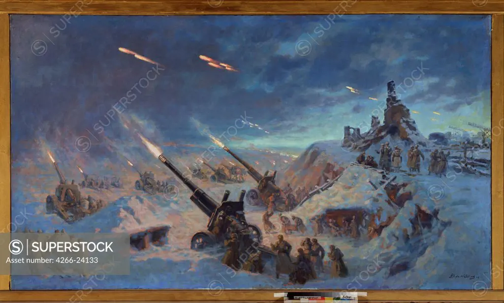The Artillery in the Battle of Stalingrad by Sokolov-Skalya, Pavel Petrovich (1899-1961) State Central Artillery Museum, St. Petersburg 1946 Oil on canvas 133x243 Russia Soviet Art History Painting
