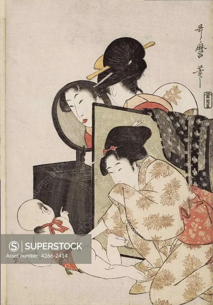 Women with baby by Kitagawa Utamaro, Color woodcut, circa 1793, 1754-1806, private collection, 37, 1x25, 8