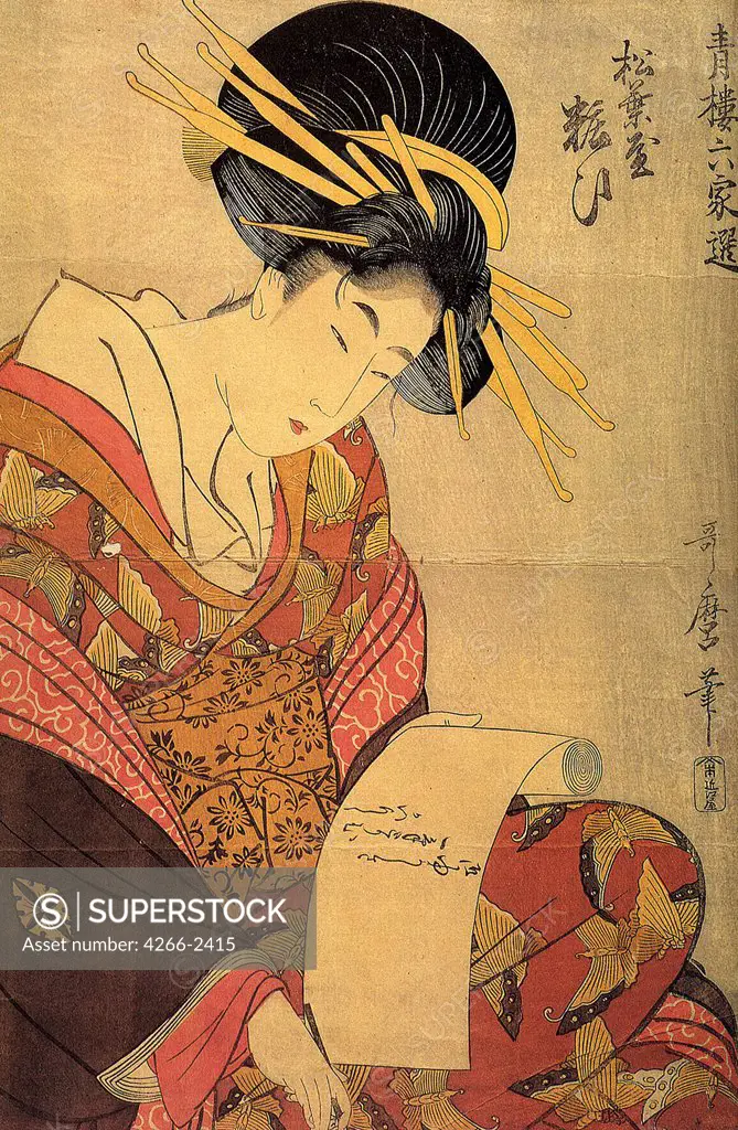 Reading geisha by Kitagawa Utamaro, color woodcut, circa 1800, 1754-1806, private collection, 37x24, 8