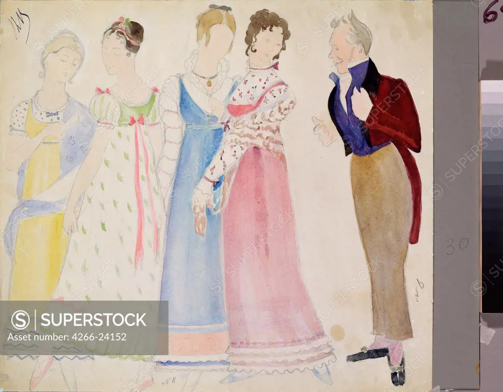 Costume design for the opera Eugene Onegin by P. Tchaikovsky by Ulyanov, Nikolai Pavlovich (1875-1949) A. Pushkin Memorial Museum, St. Petersburg 1937 Pencil, watercolour on paper Russia Theatrical scenic painting Opera, Ballet, Theatre Painting