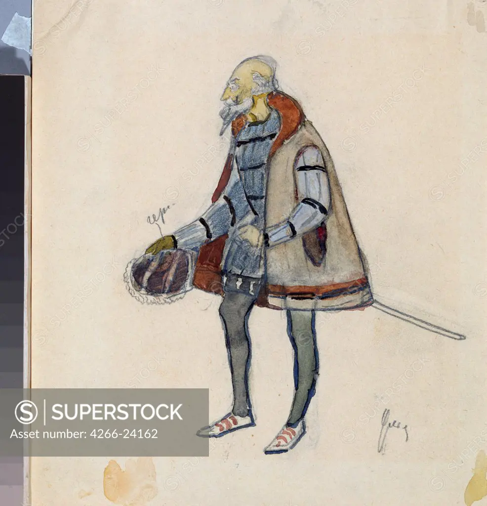 Costume design for the theatre play The Miserly Knight by A. Pushkin by Ulyanov, Nikolai Pavlovich (1875-1949) A. Pushkin Memorial Museum, St. Petersburg 1918 Pencil, watercolour on paper 19,2x11,4 Russia Theatrical scenic painting Opera, Ballet,