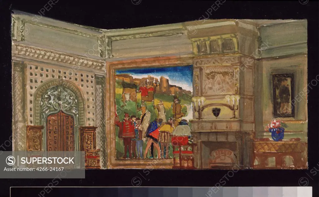 Stage design for the theatre play The stone Guest by A. Pushkin by Shukhaev, Vasili Ivanovich (1887-1973) A. Pushkin Memorial Museum, St. Petersburg 1935-1936 Watercolour, Gouache on cardboard 19x27 Russia Theatrical scenic painting Opera, Ballet,