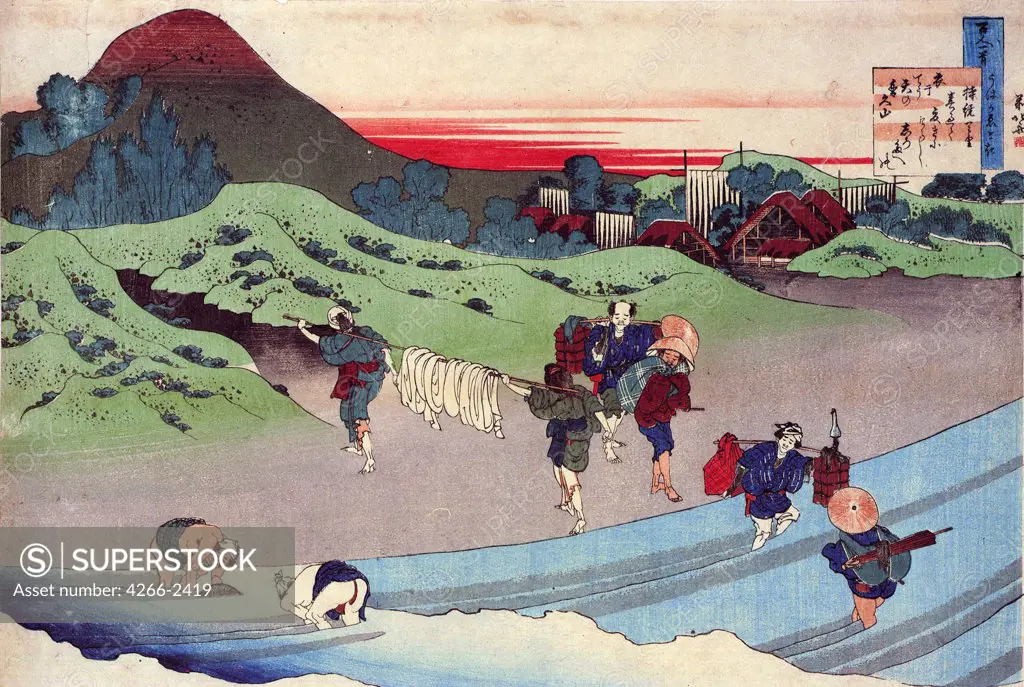 People crossing river by Katsushika Hokusai, color woodcut, circa 1830, 1760-1849, Russia, St. Petersburg, State Hermitage,