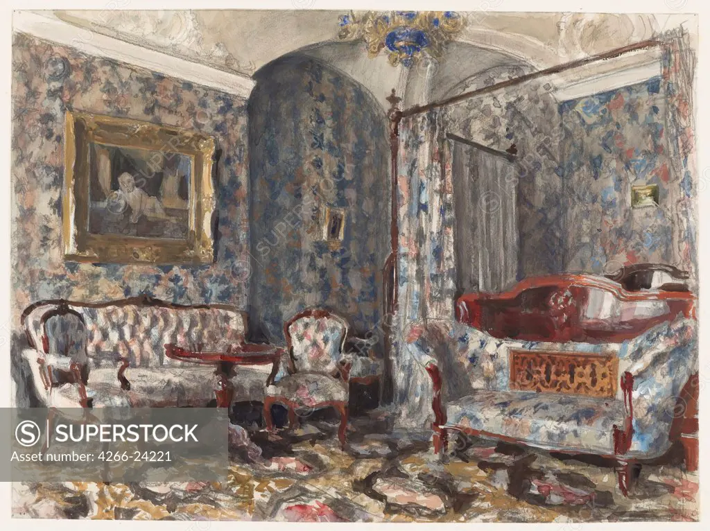 The Bedroom of Tsarina Maria Alexandrovna in the Gatchina Palace by Benois, Alexander Nikolayevich (1870-1960) Private Collection 1920s Pencil, watercolour, Gouache, ink on paper 31,5x42,5 Russia Realism Architecture, Interior Graphic arts