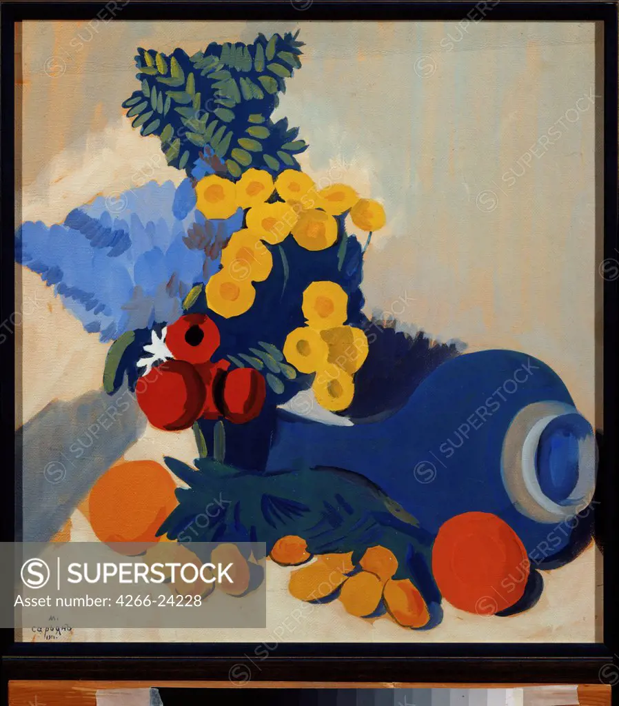 Still life with a blue jug by Sarjan, Martiros Sergeyevich (1880-1972) State Art Museum, Nizhny Novgorod 1910 Gouache on cardboard 58,3x62,2 Armenia Fauvism Still Life Painting