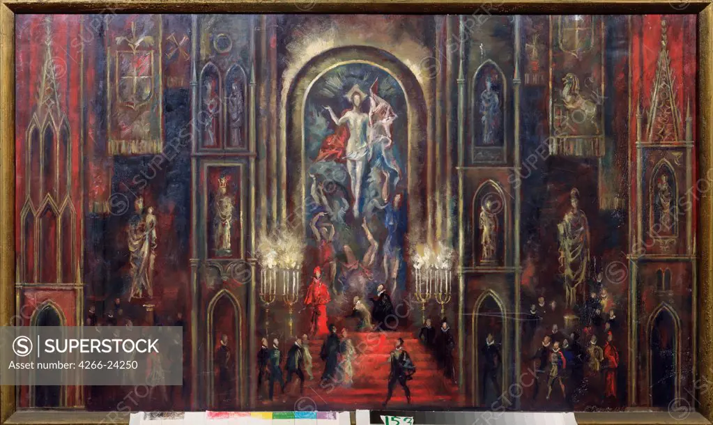Stage design for the opera Don Carlos by G. Verdi by Ryndin, Vadim Fyodorovich (1902-1974) State Central M. Glinka Museum of Music, Moscow 1963 Oil on canvas 72x126 Russia Theatrical scenic painting Opera, Ballet, Theatre Painting