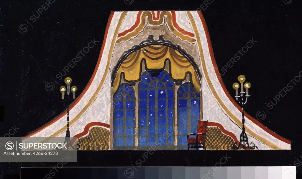 Stage design for the theatre play The stone Guest by A. Pushkin by Shukhaev, Vasili Ivanovich (1887-1973) A. Pushkin Memorial Museum, St. Petersburg 1935-1936 Watercolour, Gouache on cardboard 18,5x27 Russia Theatrical scenic painting Opera, Balle