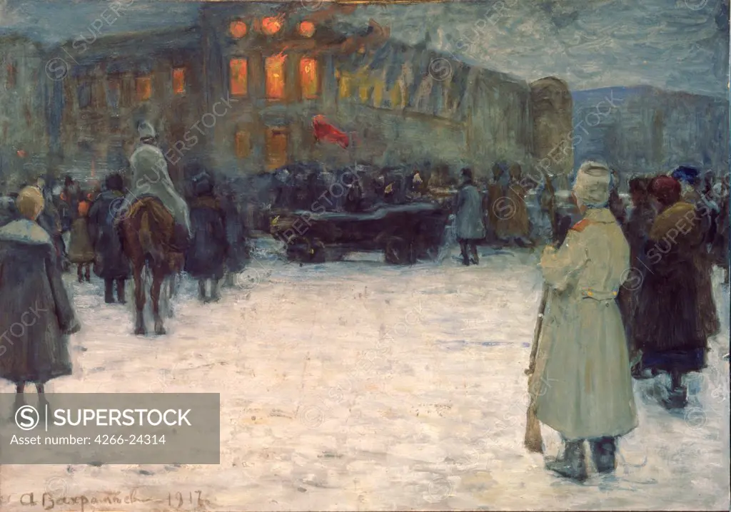 A Fire at the Lithuanian Castle. February revolution 1917. St. Petersburg by Vakhrameyev, Alexander Ivanovich (1874-1926) State Russian Museum, St. Petersburg 1917 Gouache on paper 23x33 Russia Russian Painting, End of 19th - Early 20th cen. Histo