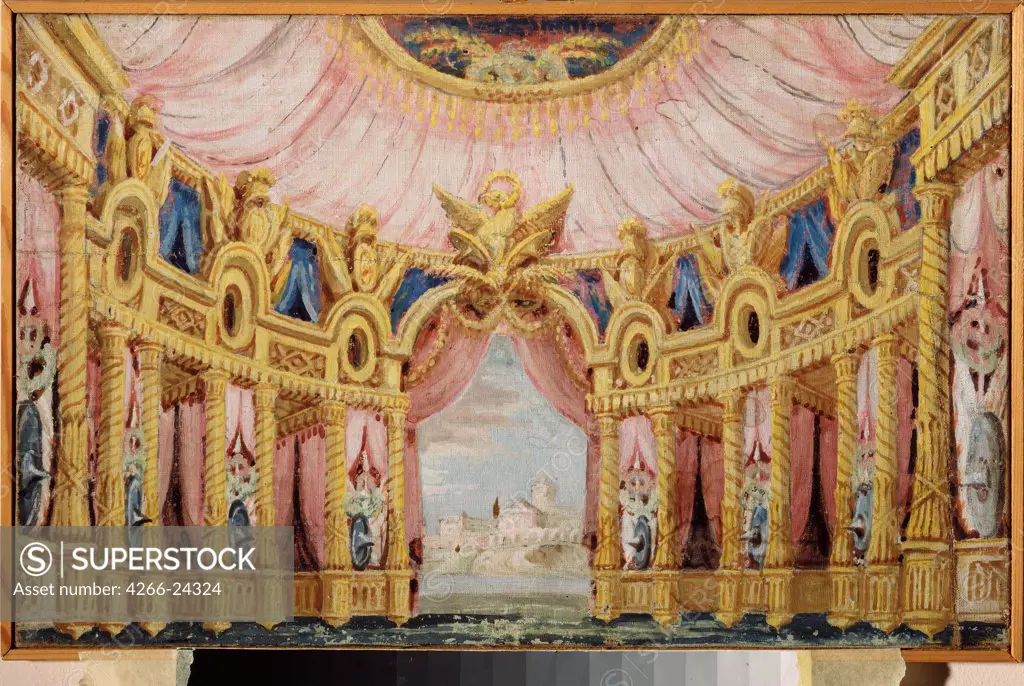 Hall with a collonade. Stage design for a theatre play by Russian master   Museum Palace Theatre Ostankino, Moscow 1790-1800 Tempera on canvas Russia Theatrical scenic painting Opera, Ballet, Theatre Painting