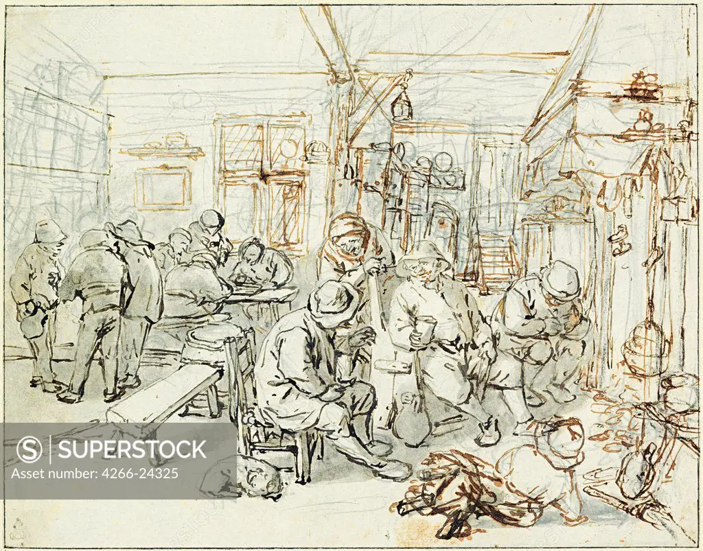 Company of Peasants in a Tavern by Ostade, Adriaen Jansz, van (1610-1685) Albertina, Vienna ca 1675 Pen, brush, brown Indian ink, white colour, black chalk on paper Holland Baroque Genre Graphic arts