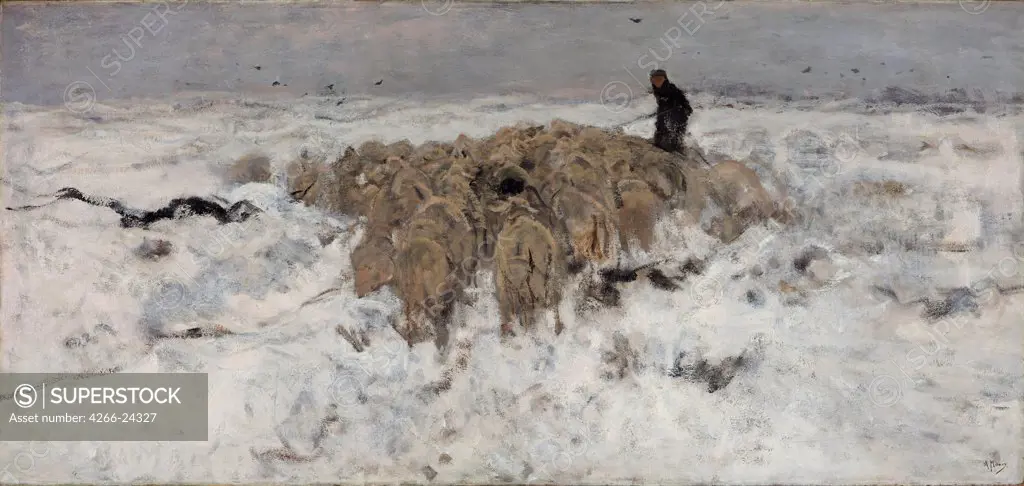 Flock of sheep with shepherd in the snow by Mauve, Anton (1838-1888) Gemeentemuseum Den Haag 1887-1888 Oil on canvas 90x190 Holland Realism Landscape,Genre Painting