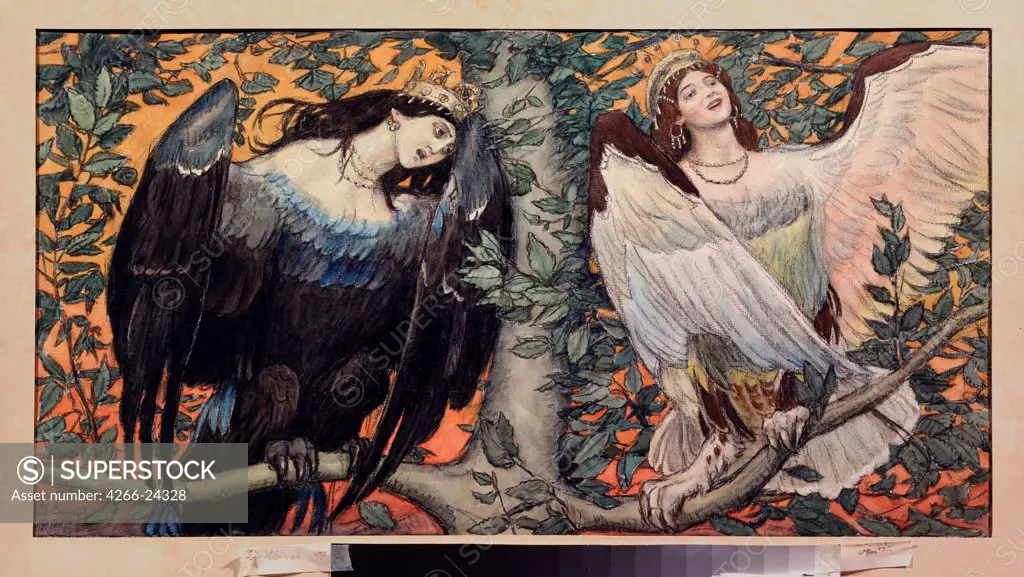 Sirin and Alkonost. A Song of Joy and Sorrow by Vasnetsov, Viktor Mikhaylovich (1848-1926) Regional Art Gallery, Taganrog 1919 Watercolour on paper 35,5x67,5 Russia Art Nouveau Mythology, Allegory and Literature Painting