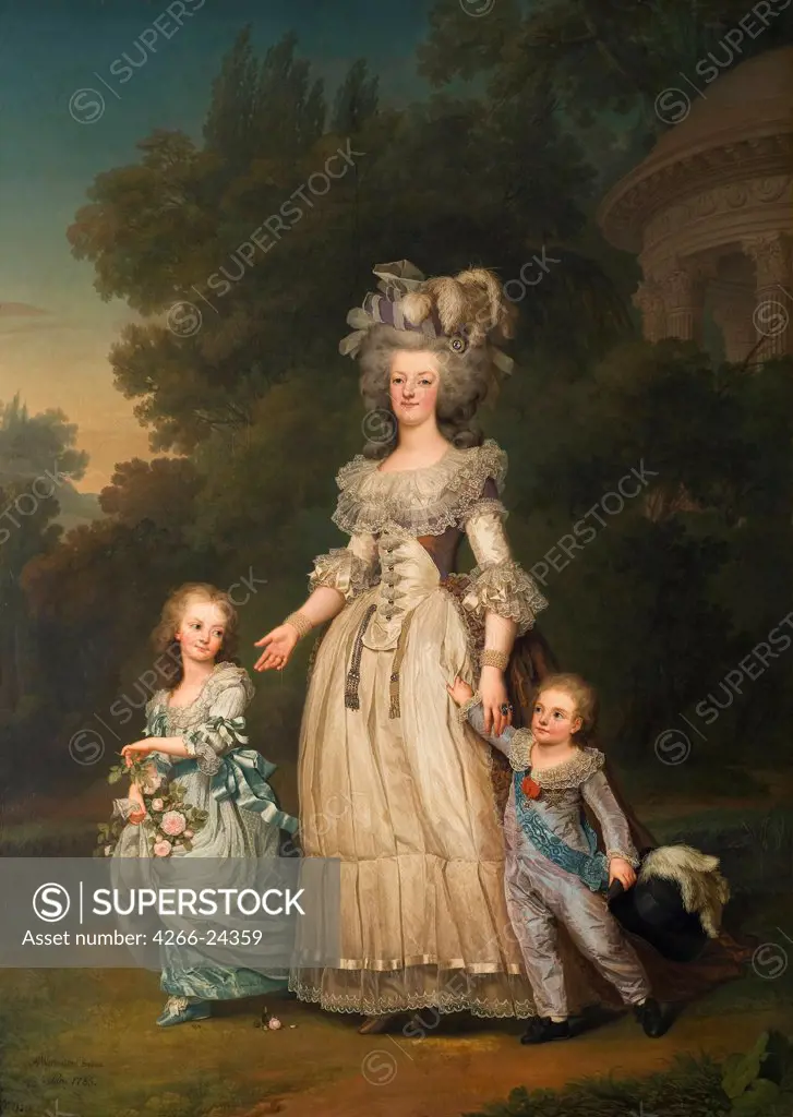 Queen Marie Antoinette of France and two of her Children Walking in The Park of Trianon by Wertmuller, Adolf Ulrik (1751-1811) Nationalmuseum Stockholm 1785 Oil on canvas 276x194 Sweden Rococo Portrait Painting