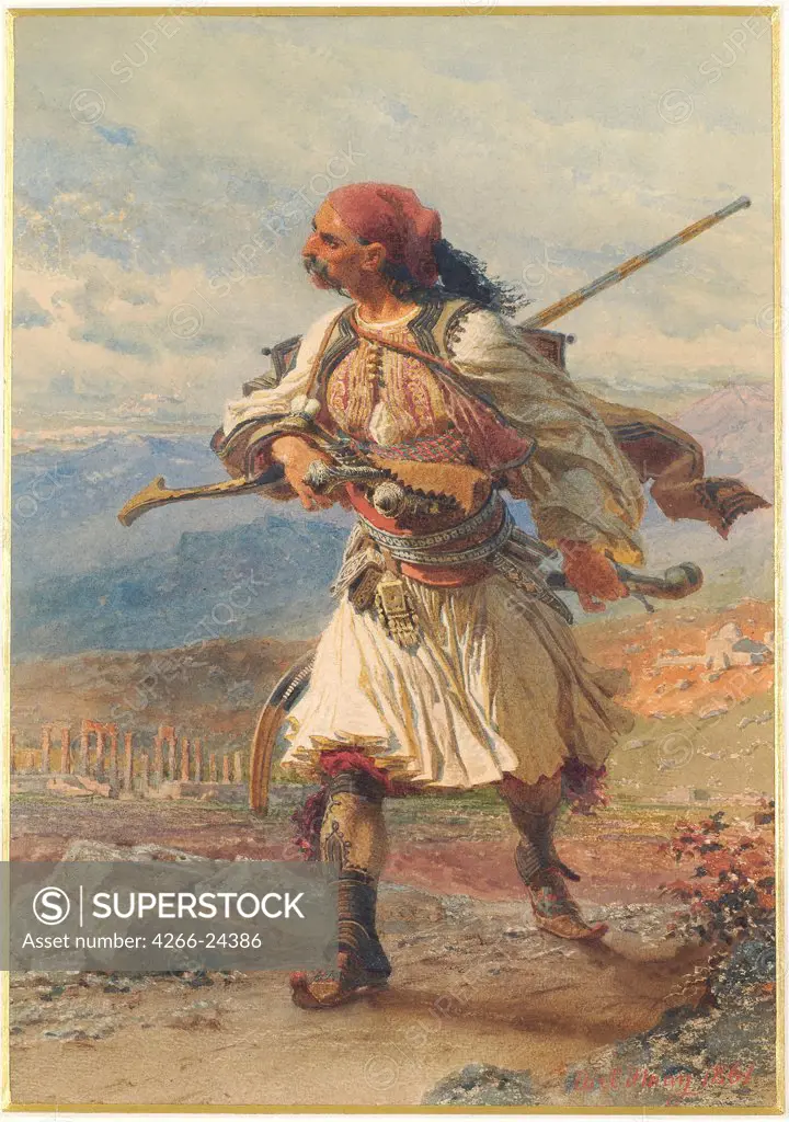 Greek Warrior by Haag, Carl (1820-1915) Benaki Museum, Athens 1861 Watercolour, Gouache on Paper 35x25 Germany Orientalism Genre Painting