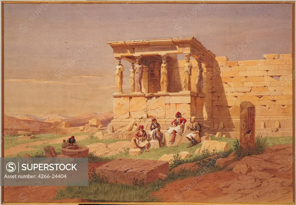 The Erechtheion. The Porch of the Caryatids by Werner, Carl Friedrich Heinrich (1808-1894) Benaki Museum, Athens 1877 Oil on canvas 32x55 Germany Romanticism Architecture, Interior,Landscape Painting