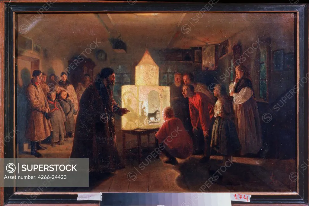 The Magic Lantern in a Peasant House by Solovyev, Lev Grigoryevich (1837-1919) N. Yaroshenko Art Museum, Kislovodsk 1876 Oil on canvas 52x80 Russia Russian Painting of 19th cen. Genre Painting