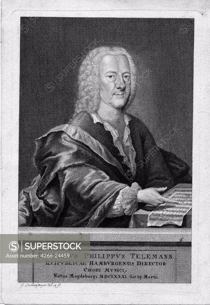 Portrait of Georg Philipp Telemann (1681-1767) by Lichtensteger, Georg (1700-1781) Private Collection Etching 23,5x15,5 Germany Rococo Portrait Graphic arts