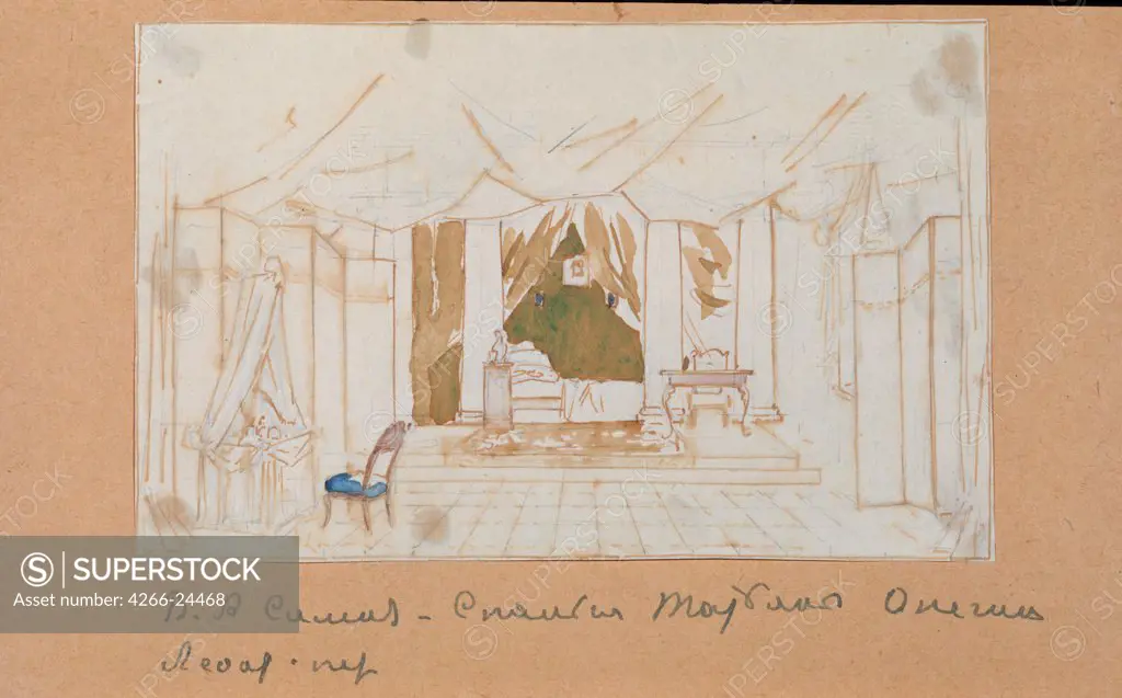 Stage design for the opera Eugene Onegin by P. Tchaikovsky by Simov, Viktor Andreyevich (1858-1935) A. Pushkin Memorial Museum, St. Petersburg 1922 Pencil, watercolour on paper 17x30 Russia Theatrical scenic painting Opera, Ballet, Theatre Painti