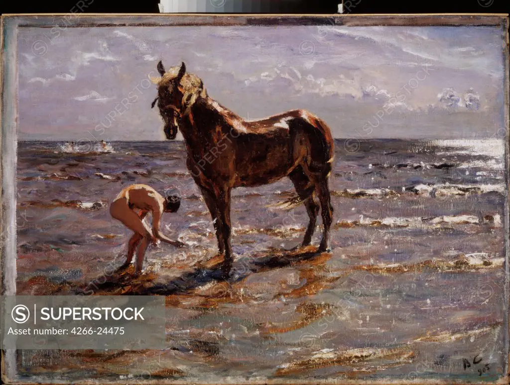 Bathing the horse by Serov, Valentin Alexandrovich (1865-1911) State Russian Museum, St. Petersburg 1905 Oil on canvas 72x99 Russia Russian Painting, End of 19th - Early 20th cen. Genre Painting