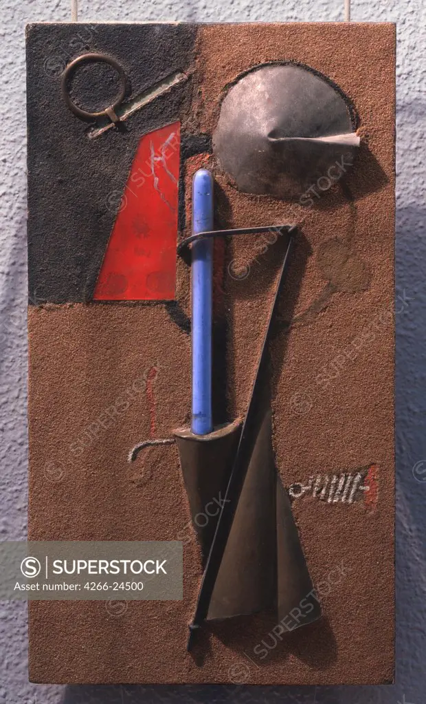 Colour construction of materials No 7 by Stenberg, Georgi Avgustovich (1900-1933) State Tretyakov Gallery, Moscow 1920 Wood, metal, glass, sand and others 46x26 Russia Russian avant-garde Still Life Painting