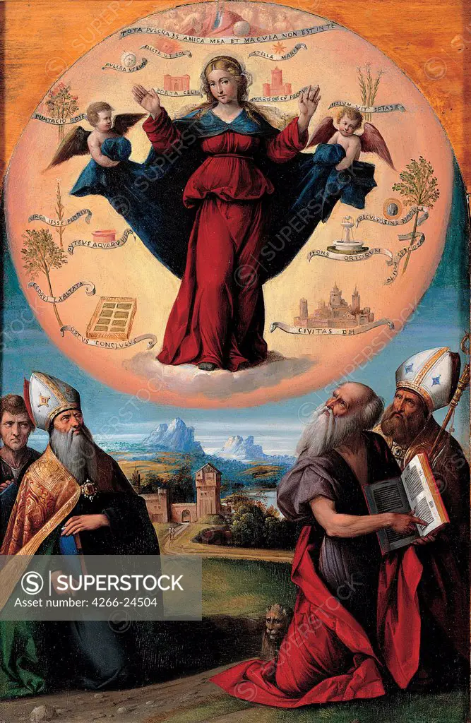 The Immaculate Conception with saints by Garofalo, Benvenuto Tisi da (1481-1559) Musei Capitolini, Rome c. 1535-1550 Oil on wood 61x40 Italy, School of Ferrara Renaissance Bible Painting