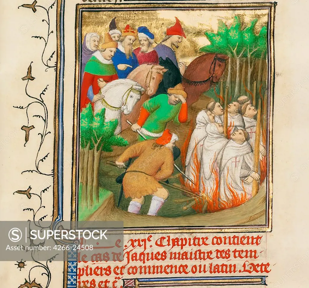 The Knights Templar Burned in the Presence of Philip the Fair and His Courtiers by Boucicaut Master, (Master of the Hours for Marshal Boucicaut) (active 1405-1420) J. Paul Getty Museum, Los Angeles ca 1413-1415 Tempera and gold on parchment France G