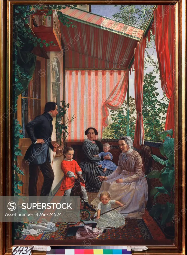 Family portrait on the balcony by Slavyansky, Fyodor Mikhailovich (1819-1876) State Russian Museum, St. Petersburg 1851 Oil on canvas 102,5x68,5 Russia Russian Painting of 19th cen. Genre Painting