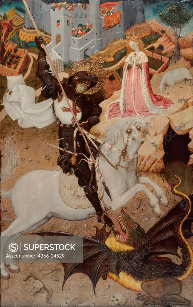 Saint George Killing the Dragon by Martorell, Bernat, the Elder (1390-1452) Art Institute of Chicago 1434-1435 Tempera on panel 55,6x98,1 Spain Gothic Bible Painting