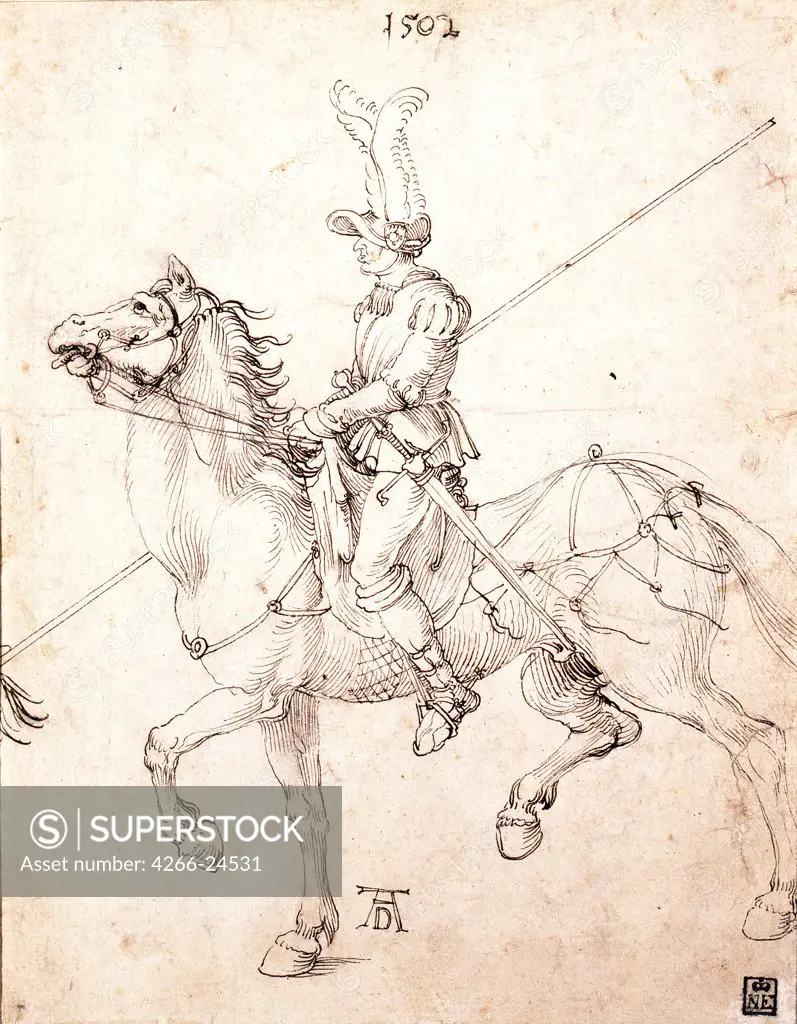 Lancer on Horseback by Durer, Albrecht (1471-1528) Szepmuveszeti Muzeum, Budapest 1502 Pen, brown Indian ink on paper 27,2x21,5 Germany Renaissance Genre Graphic arts