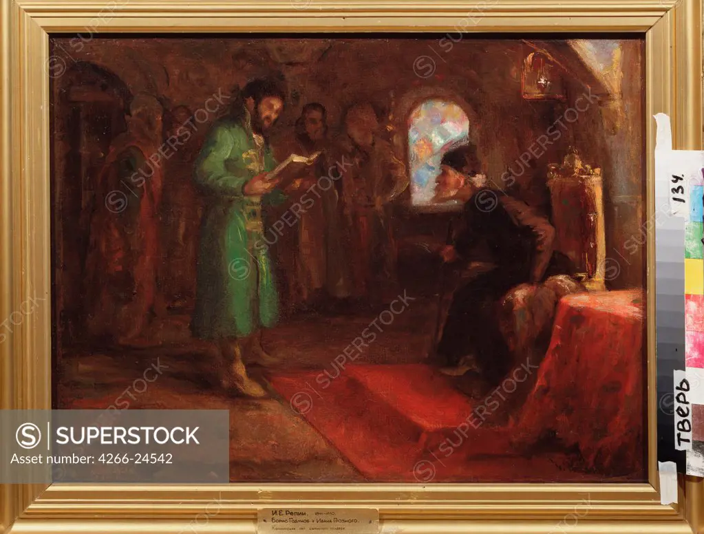 Boris Godunov and Ivan the Terrible by Repin, Ilya Yefimovich (1844-1930) Regional Art Gallery, Tver Oil on canvas 50,8x67,8 Russia Russian Painting of 19th cen. Genre Painting
