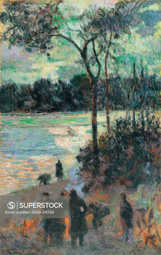 The Fire at the River Bank by Gauguin, Paul Eugene Henri (1848-1903) Thyssen-Bornemisza Collections 1886 Oil on canvas 60x38 France Postimpressionism Landscape,Genre Painting