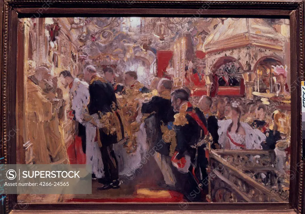 The Coronation of Emperor Nicholas II in the Assumption Cathedral by Serov, Valentin Alexandrovich (1865-1911) State Tretyakov Gallery, Moscow 1896 Oil on canvas 43x64 Russia Russian Painting, End of 19th - Early 20th cen. History Painting