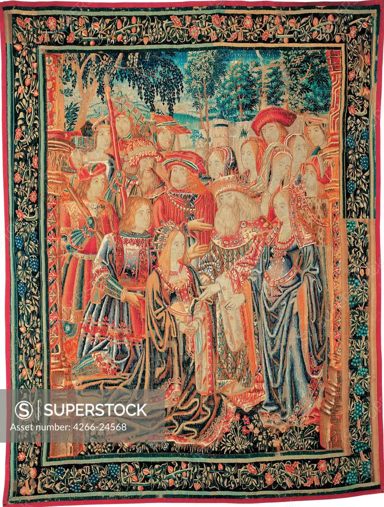 The Story of Troy. The Pardon of Helen by Brussels Manufactory (1515-1525) Fundacion Banco Santander c. 1520 Wool, silk, gold and silver threads 320x247 Flanders Renaissance Mythology, Allegory and Literature Applied Arts