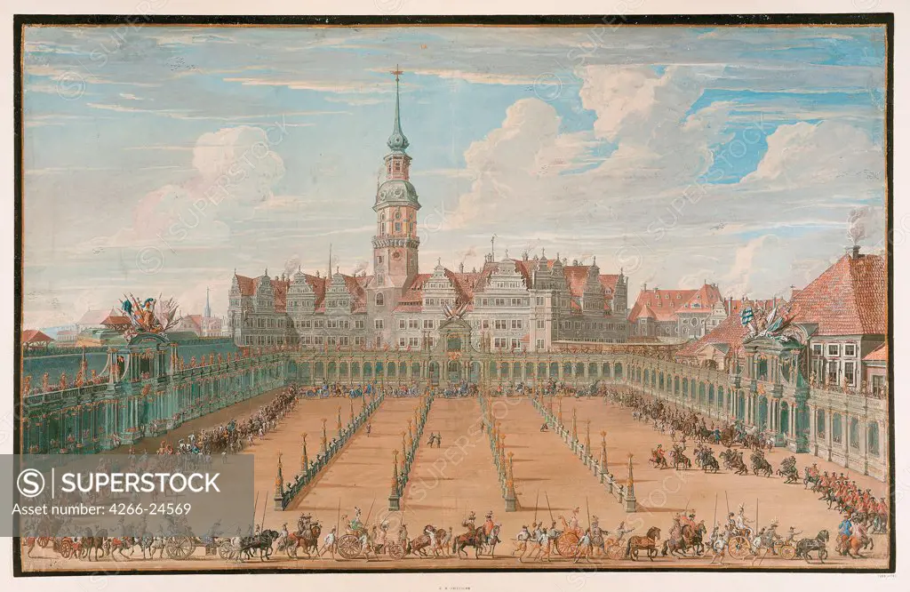 Parade of the Ladies' Ring Races on Juny 6, 1709 in Dresden by Fritzsche, C. H. (active 18th century) State Art Gallery, Dresden 1710 Gouache on paper 58,5x91,5 Germany Rococo Architecture, Interior,Genre Graphic arts