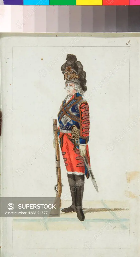 Officer of the Life Guards Cavalry Regiment by Geissler, Christian Gottfried Heinrich (1770-1844) A. Suvorov State Memorial Museum, St. Petersburg 1793 Etching, watercolour Germany Classicism History Graphic arts