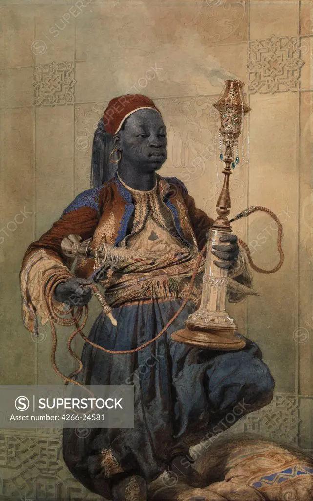 Nubian with a Waterpipe by Zichy, Mihaly (1827-1906) Private Collection 1862 Watercolour and white colour on paper 49,5x31 Hungary Orientalism Portrait,Genre Painting