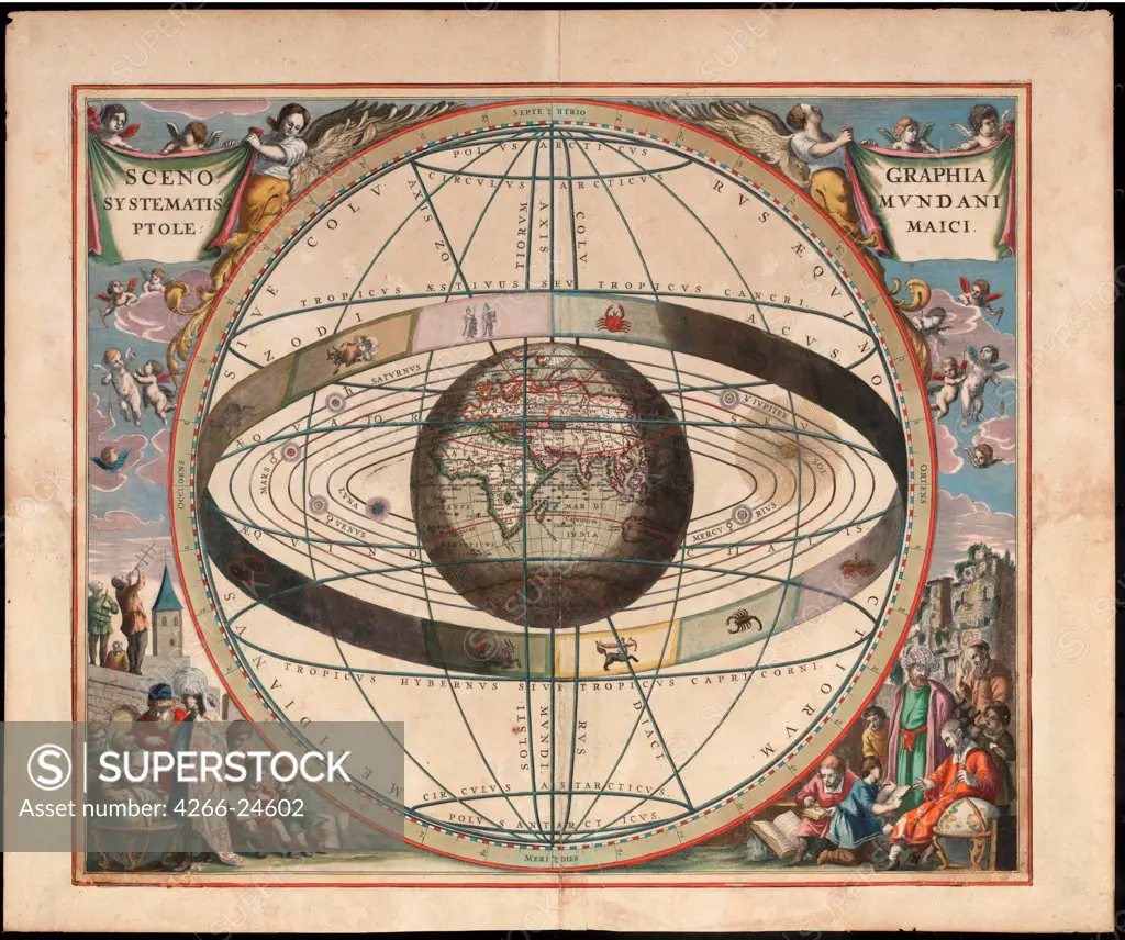 Scenography of the Ptolemaic cosmography (From Andreas Cellarius Harmonia Macrocosmica) by Loon, Johannes van (c. 1611-1686) Private Collection c. 1660 Etching, watercolour Holland Cartography History Graphic arts