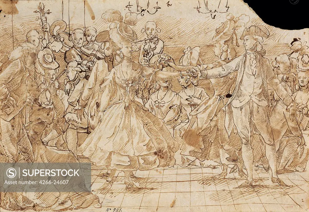 Minuet by Casanovas Torrents, Antonio (1752-1796) Museu Nacional d'Art de Catalunya, Barcelona c. 1780 Pen, brown Indian ink on paper 20,9x30 Spain Neoclassicism Music, Dance,Genre Graphic arts