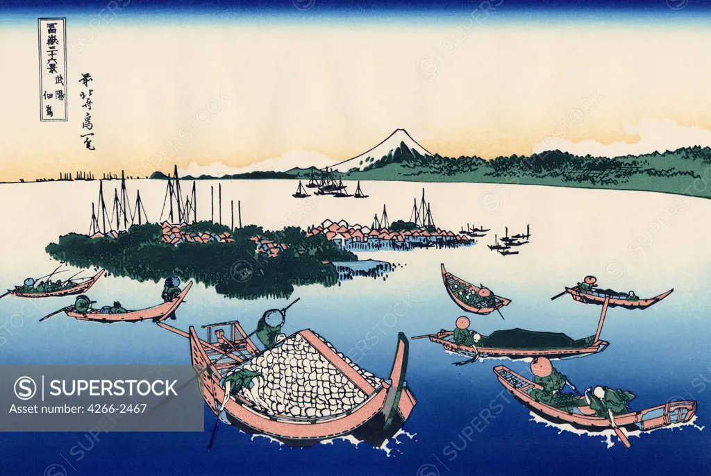 Boats on river by Katsushika Hokusai, color woodcut, 1830-1833, 1760-1849, Russia, Moscow, State A. Pushkin Museum of Fine Arts, 25x37