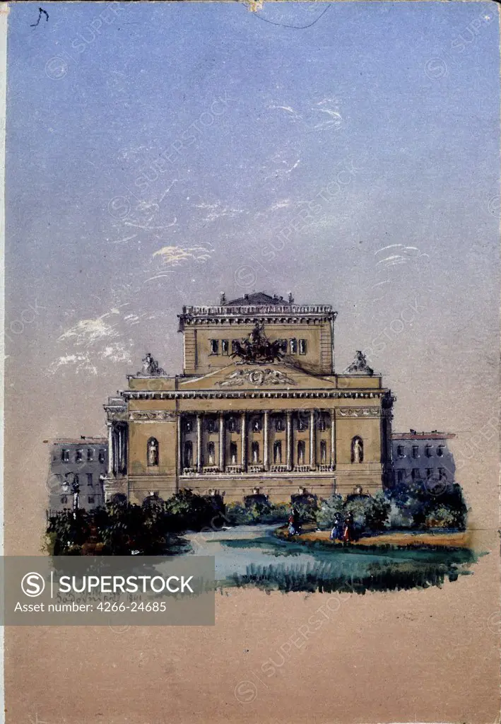 The Alexander Theatre in Saint Petersburg by Sadovnikov, Vasily Semyonovich (1800-1879) A. Pushkin Memorial Museum, St. Petersburg 1841 Watercolour on paper 14x9,6 Russia Russian Painting of 19th cen. Architecture, Interior Painting