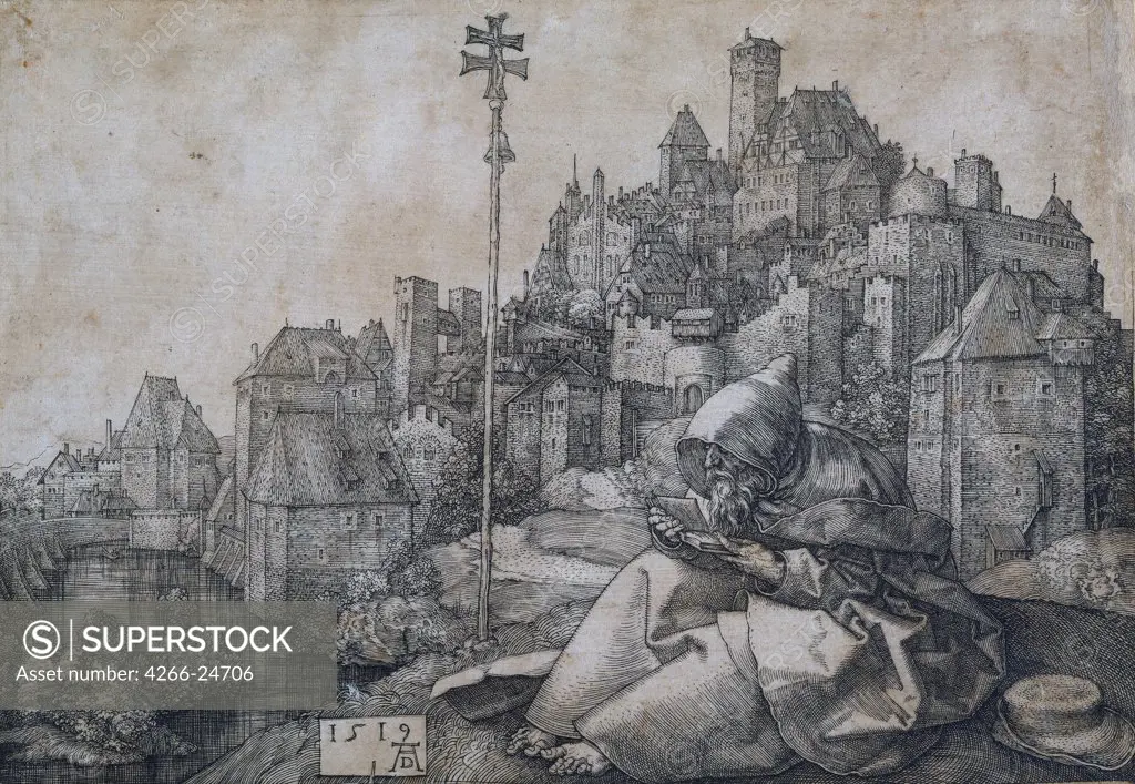 Saint Anthony in front of the town by Durer, Albrecht (1471-1528) Museu Nacional d'Art de Catalunya, Barcelona 1519 Copper engraving 10x14,2 Germany Renaissance Bible Graphic arts