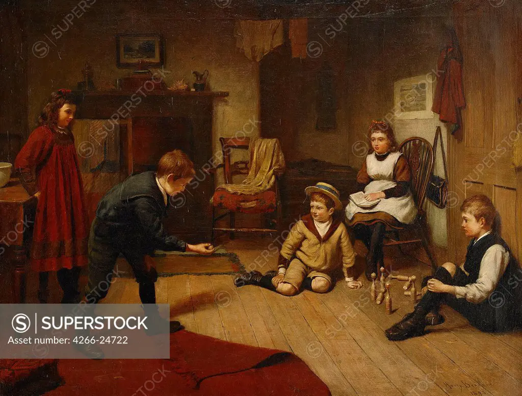 Children Playing in an Interior by Brooker, Harry (1848-1940) Private Collection 1893 Oil on canvas 70x90 Great Britain Realism Genre Painting