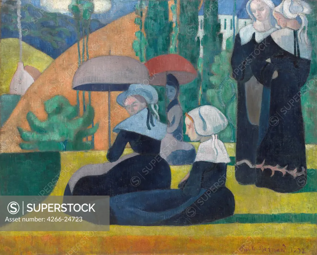 Breton Women with Umbrellas by Bernard, Emile (1868-1941) Musee d'Orsay, Paris 1892 Oil on canvas 85x105 France Postimpressionism Genre Painting