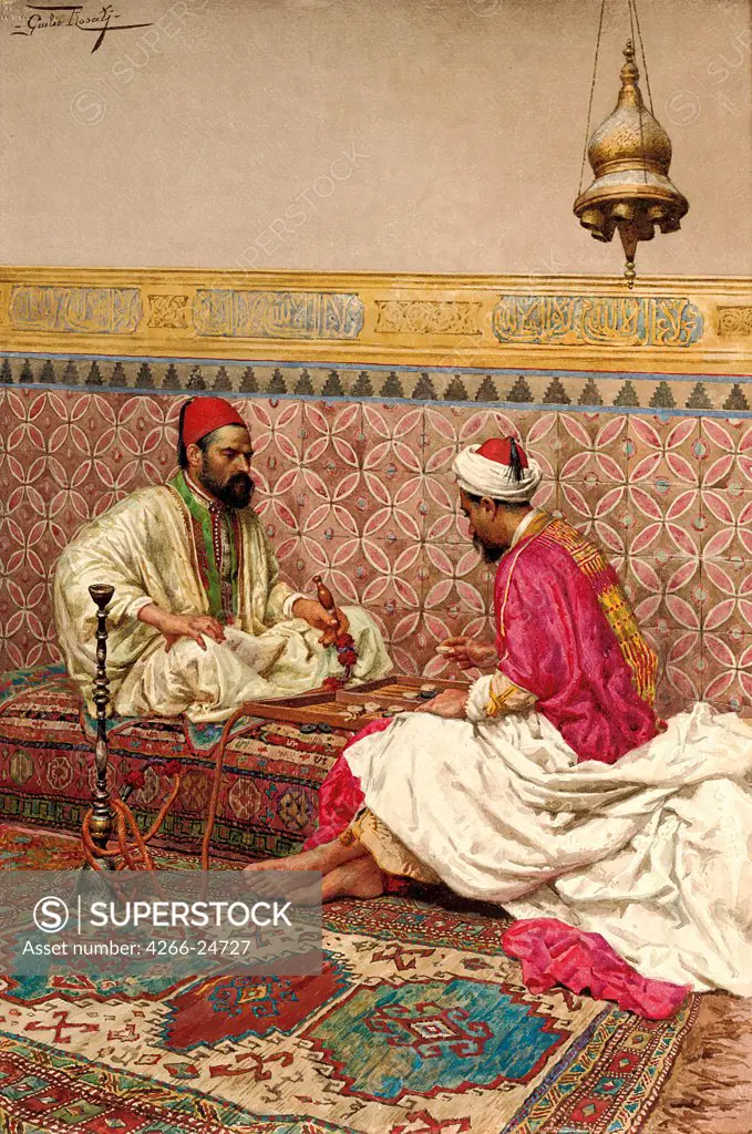 The backgammon players by Rosati, Giulio (1858-1917) Private Collection Watercolour on paper 53,5x35,7 Italy Orientalism Genre Painting