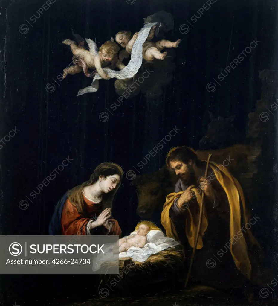 The Nativity by Murillo, Bartolome Esteban (1617-1682) Museum of Fine Arts, Houston ca 1668 Oil on canvas 38,1x34,1 Spain Baroque Bible Painting