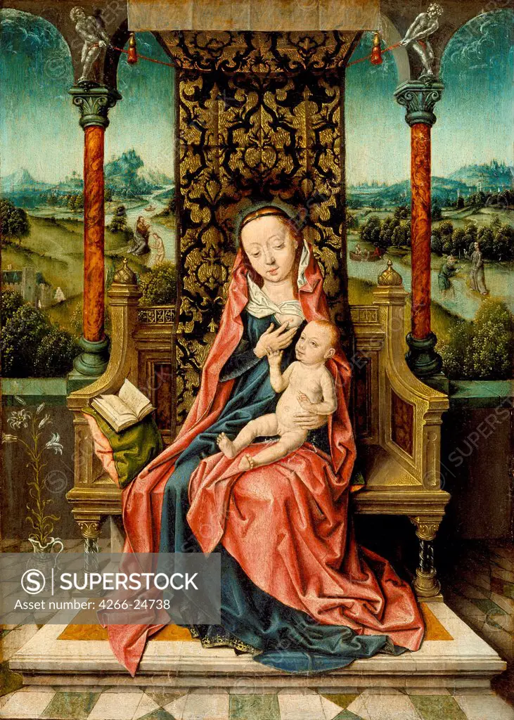 Madonna and Child Enthroned by Bouts, Aelbrecht (1451/54-1549) Los Angeles County Museum of Art c. 1510 Oil on wood 31,1x23,5 The Netherlands Early Netherlandish Art Bible Painting