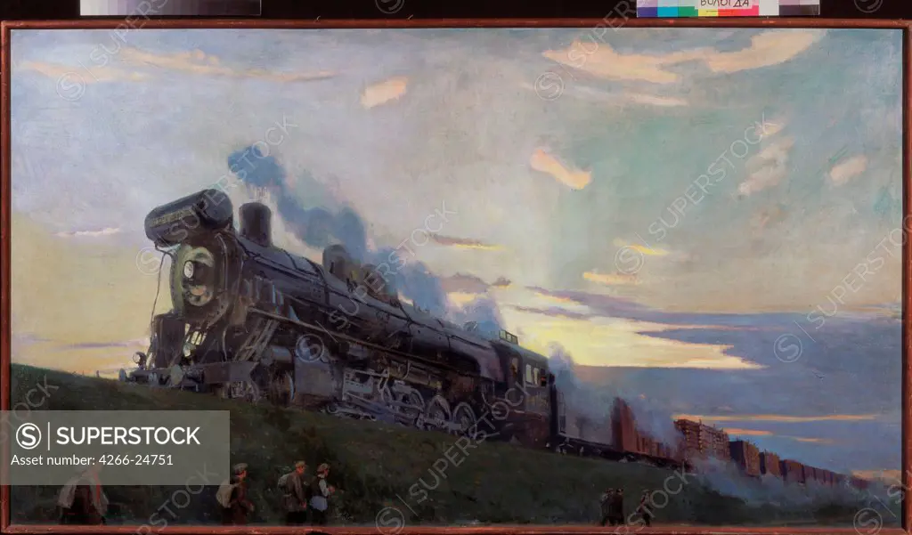 Super power steam engine by Rylov, Arkadi Alexandrovich (1870-1939) Regional Art Gallery, Vologda 1935 Oil on canvas 98x175 Russia Soviet Art Landscape,Genre Painting