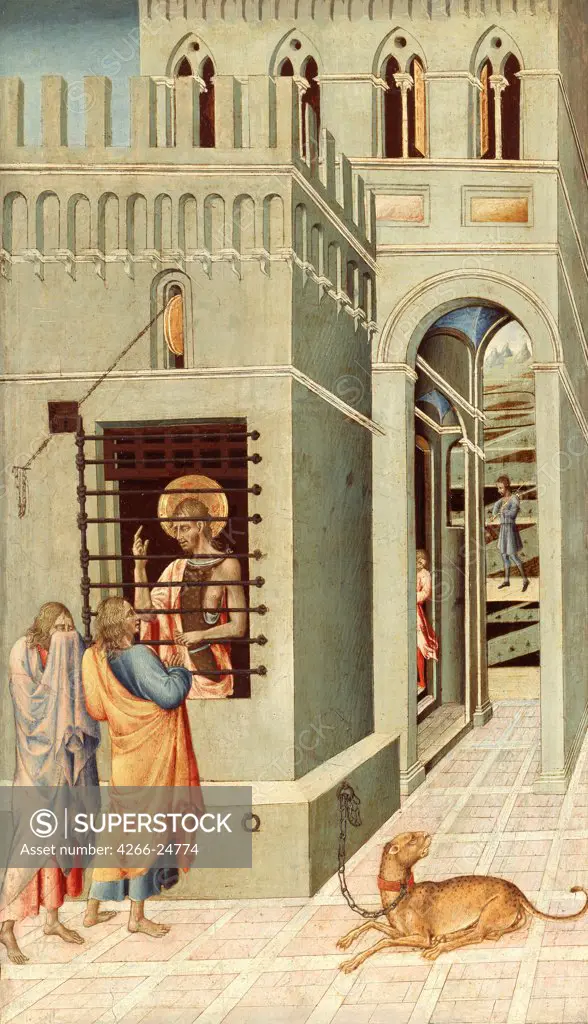 Saint John the Baptist in Prison Visited by Two Disciples by Giovanni di Paolo (ca 1403-1482) Art Institute of Chicago 1455-1460 Tempera on panel 68,3x40 Italy, School of Siena Renaissance Bible Painting